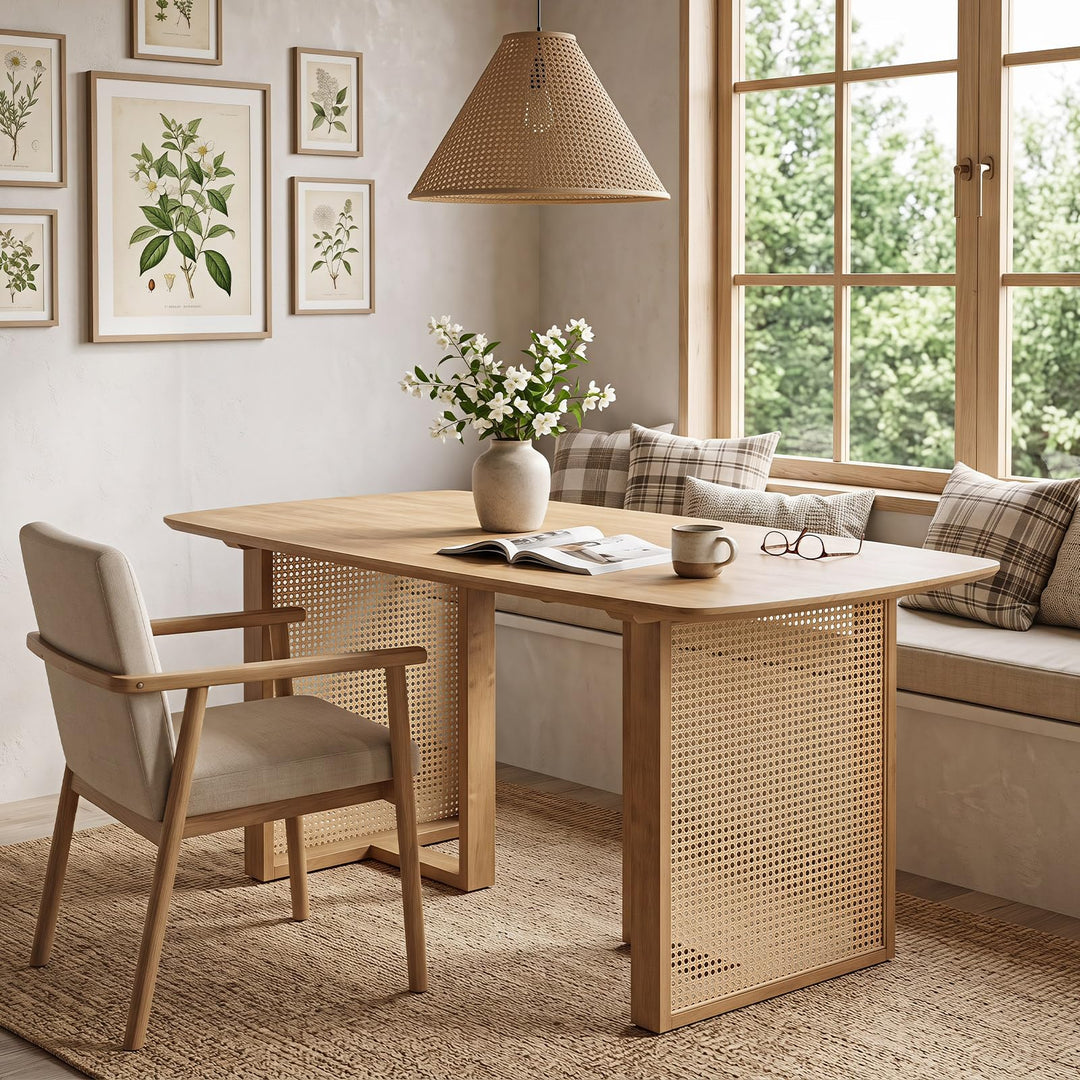 GIANTEX 55" Solid Rubber Wood Dining Table for 4-6 with Rattan Pedestal