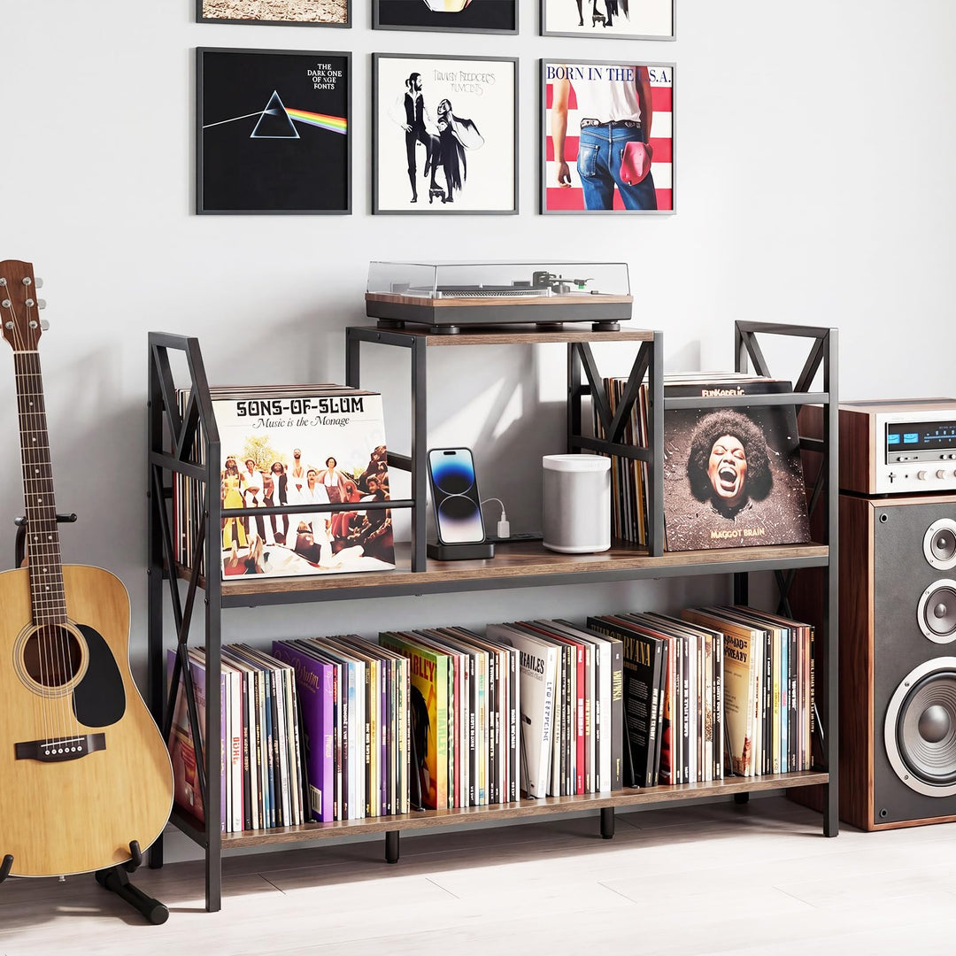 Giantex Large Record Player Stand with Charging Station &amp; Dividers for Albums