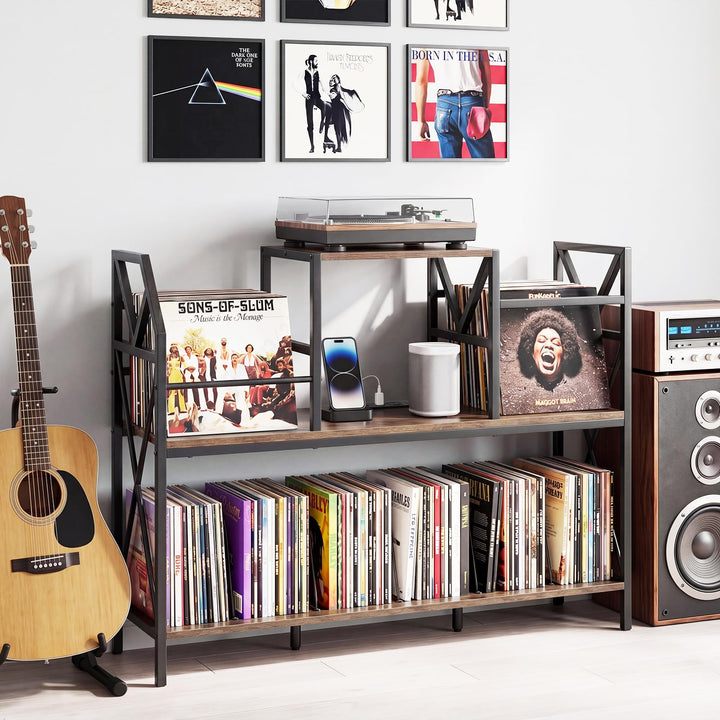Giantex Large Record Player Stand with Charging Station &amp; Dividers for Albums