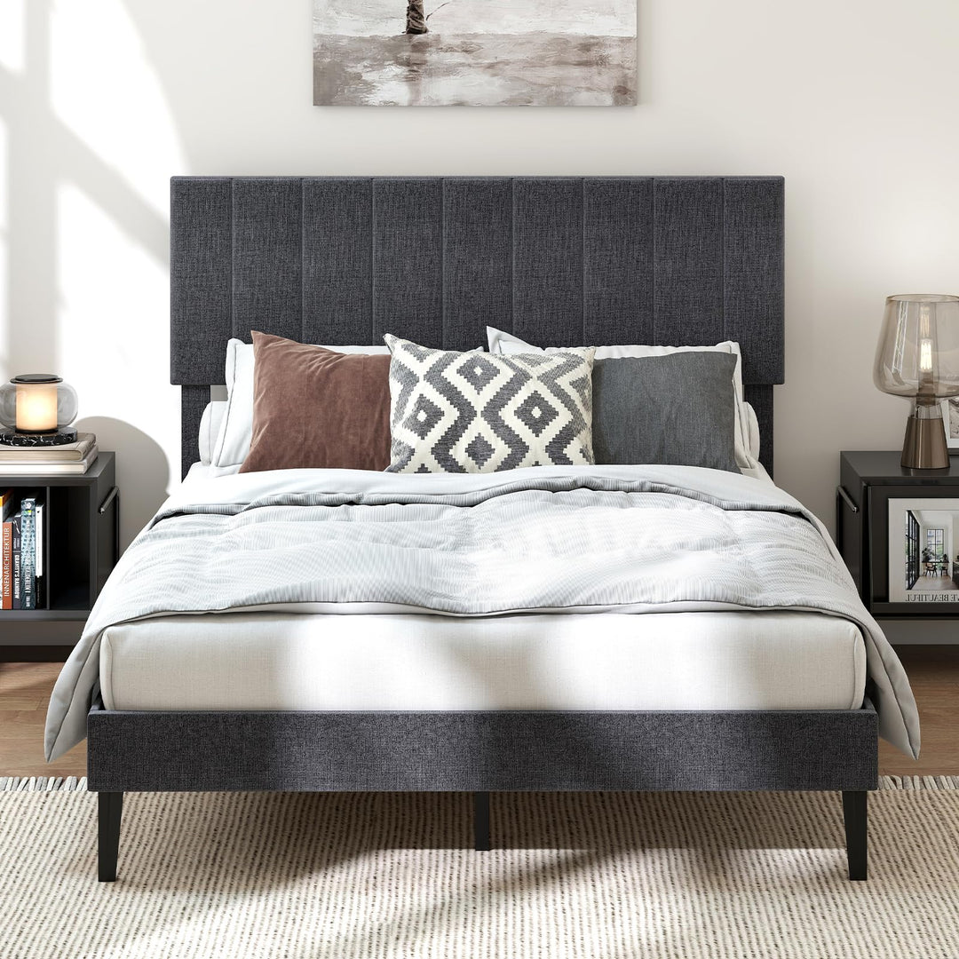Giantex Upholstered Bed Frame Platform Bed with Height Adjustable Vertical Channel Headboard