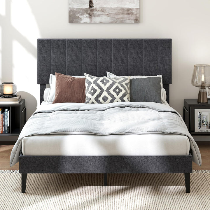 Giantex Upholstered Bed Frame Platform Bed with Height Adjustable Vertical Channel Headboard