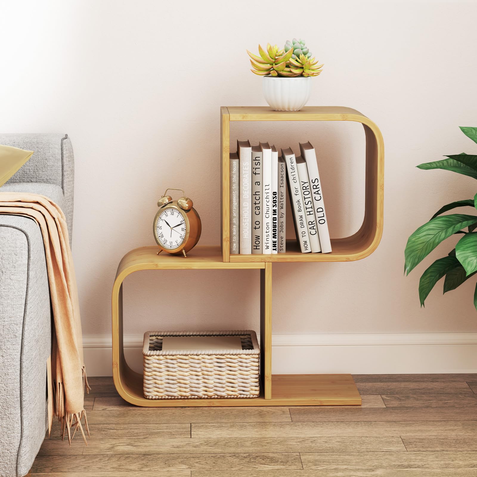 Giantex S-Shaped Bookcase, 2-Tier Bamboo Bookshelf with 2 Open Cubes, Geometric Corner Display Shelf