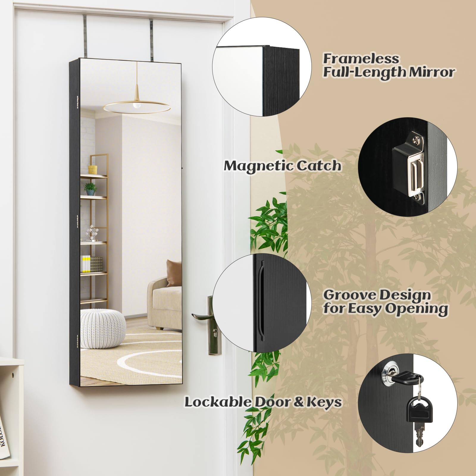 CHARMAID Mirror Jewelry Cabinet, Wall Mounted Door Hanging, Lockable Jewelry Armoire with Full Length Mirror
