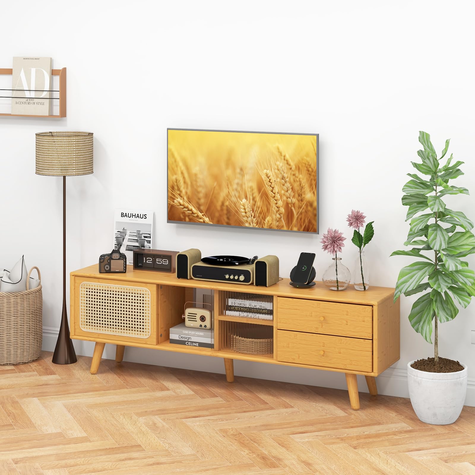 Giantex Bamboo TV Stand for 55 60 65 Inch TV, PE Rattan Entertainment Center with Sliding Doors