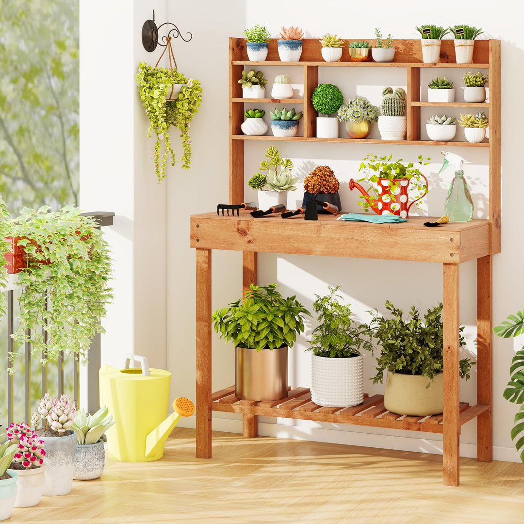 Giantex Outside Solid Wood Potting Table with Flip-up Tabletop
