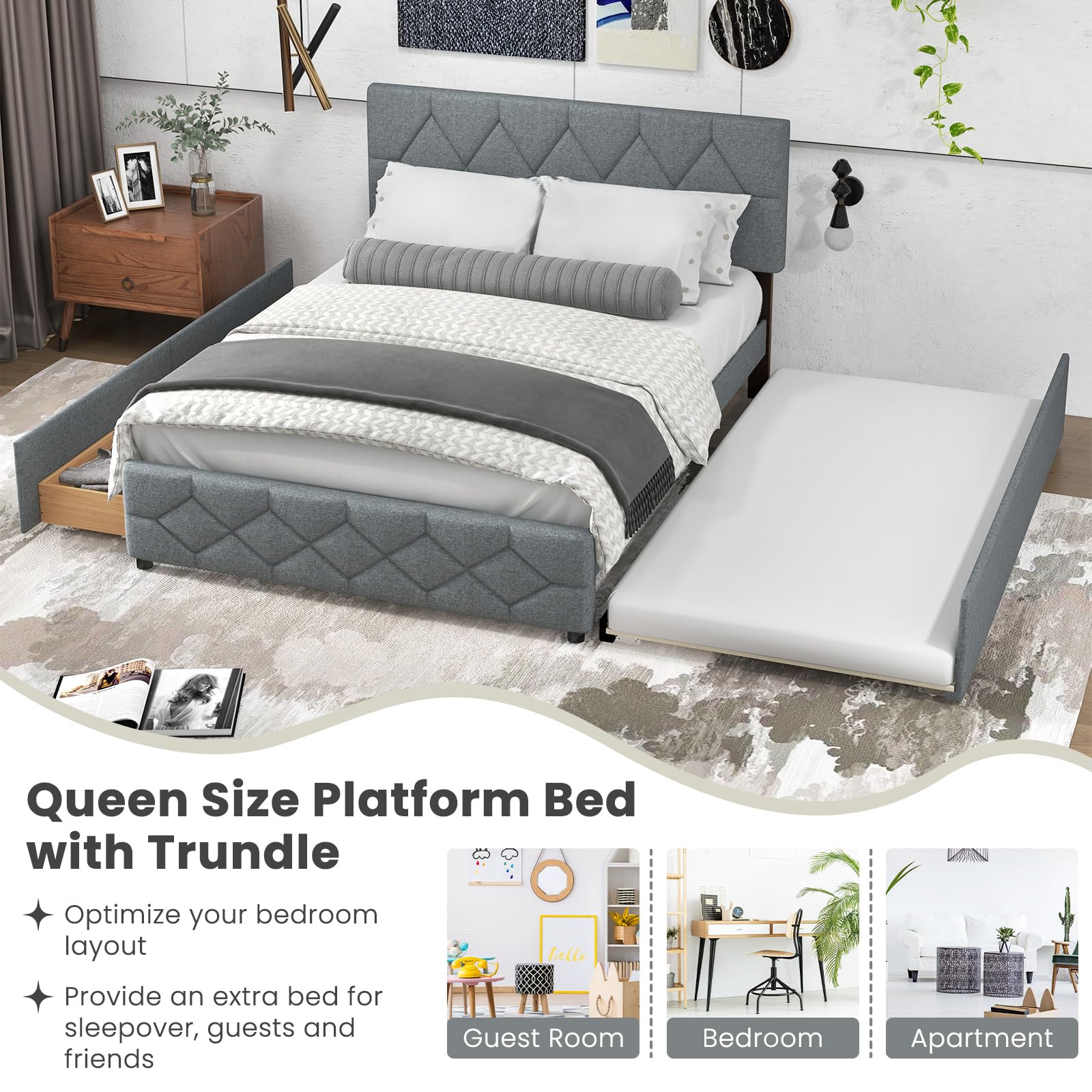 Giantex Queen Platform Bed Frame with Twin Trundle