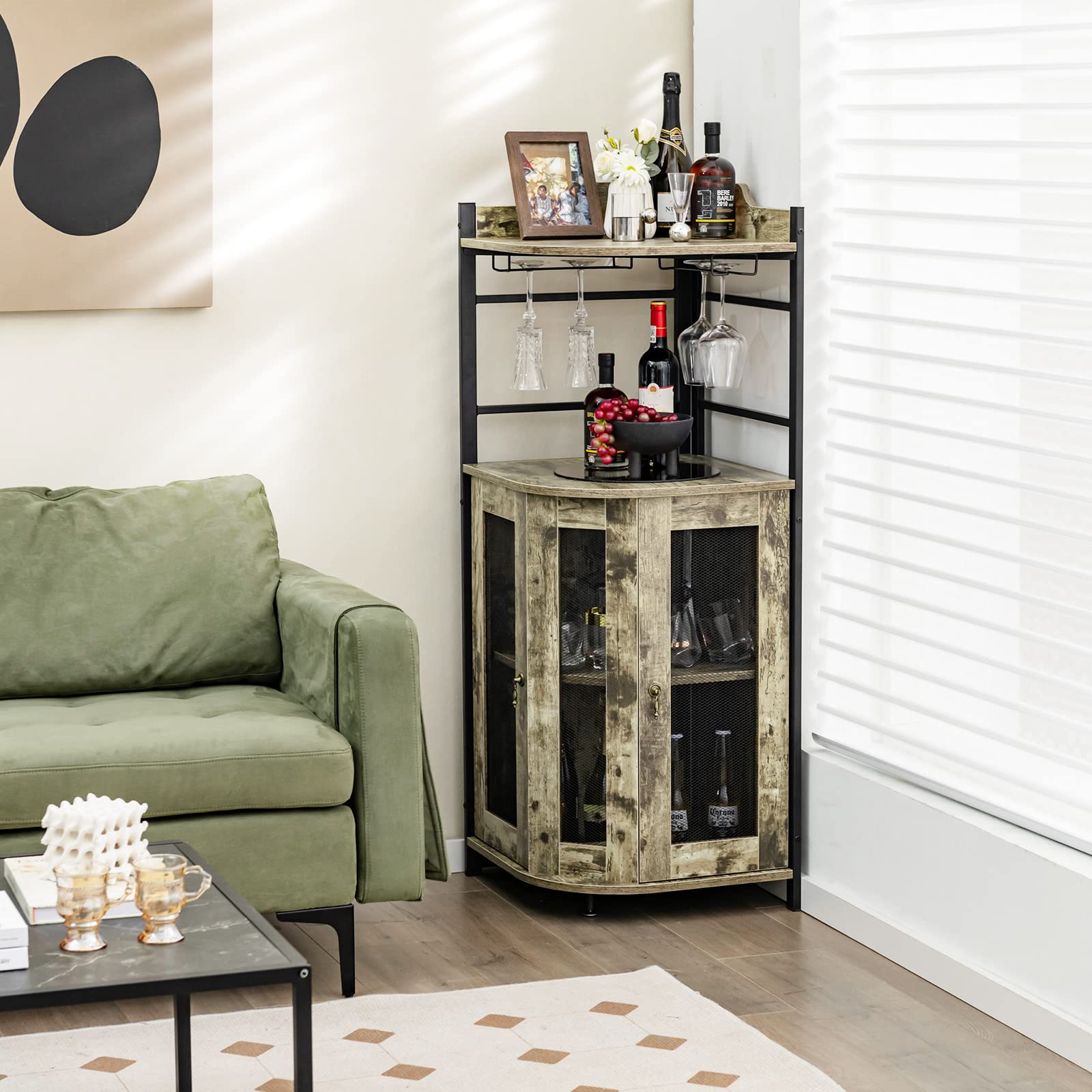 Giantex Corner Bar Cabinet with Glass Holder