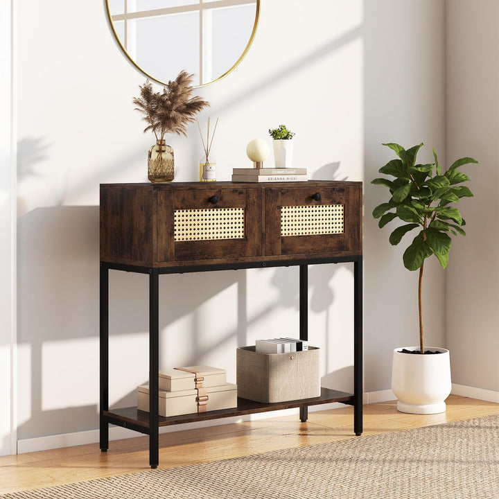 Giantex Rattan Console Table 32" Boho Entryway Table with 2 Drawers