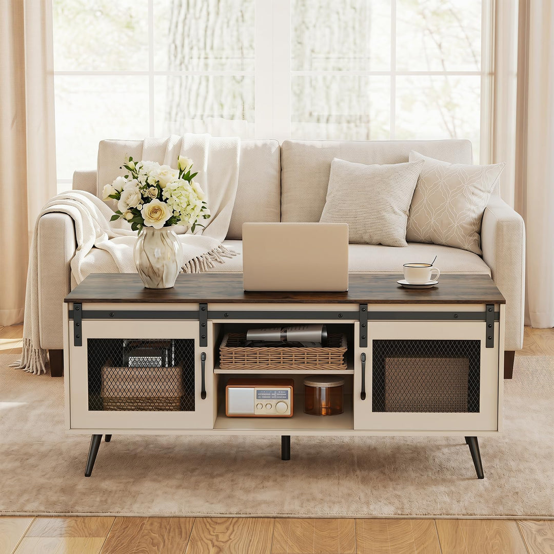 Giantex 48" Farmhouse Coffee Table with Sliding Doors &amp; Adjustable Shelf