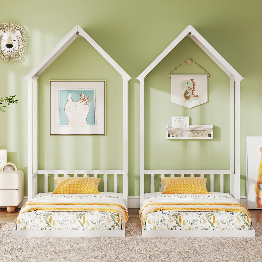 Giantex Twin Size House Bed Montessori Floor Bed with House Shape Roof & Semi-Fence