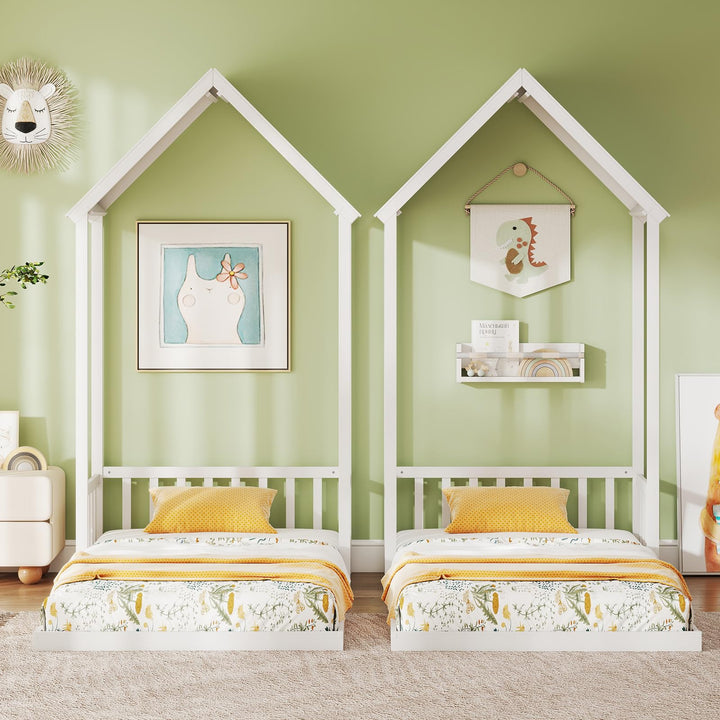 Giantex Twin Size House Bed Montessori Floor Bed with House Shape Roof & Semi-Fence
