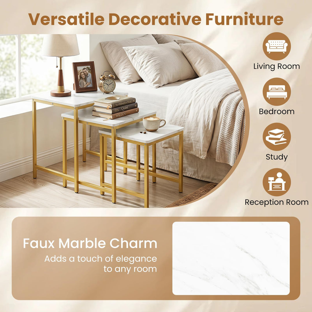 Giantex Nesting Coffee Table Set of 3 | Faux Marble Coffee Table with Metal Frame
