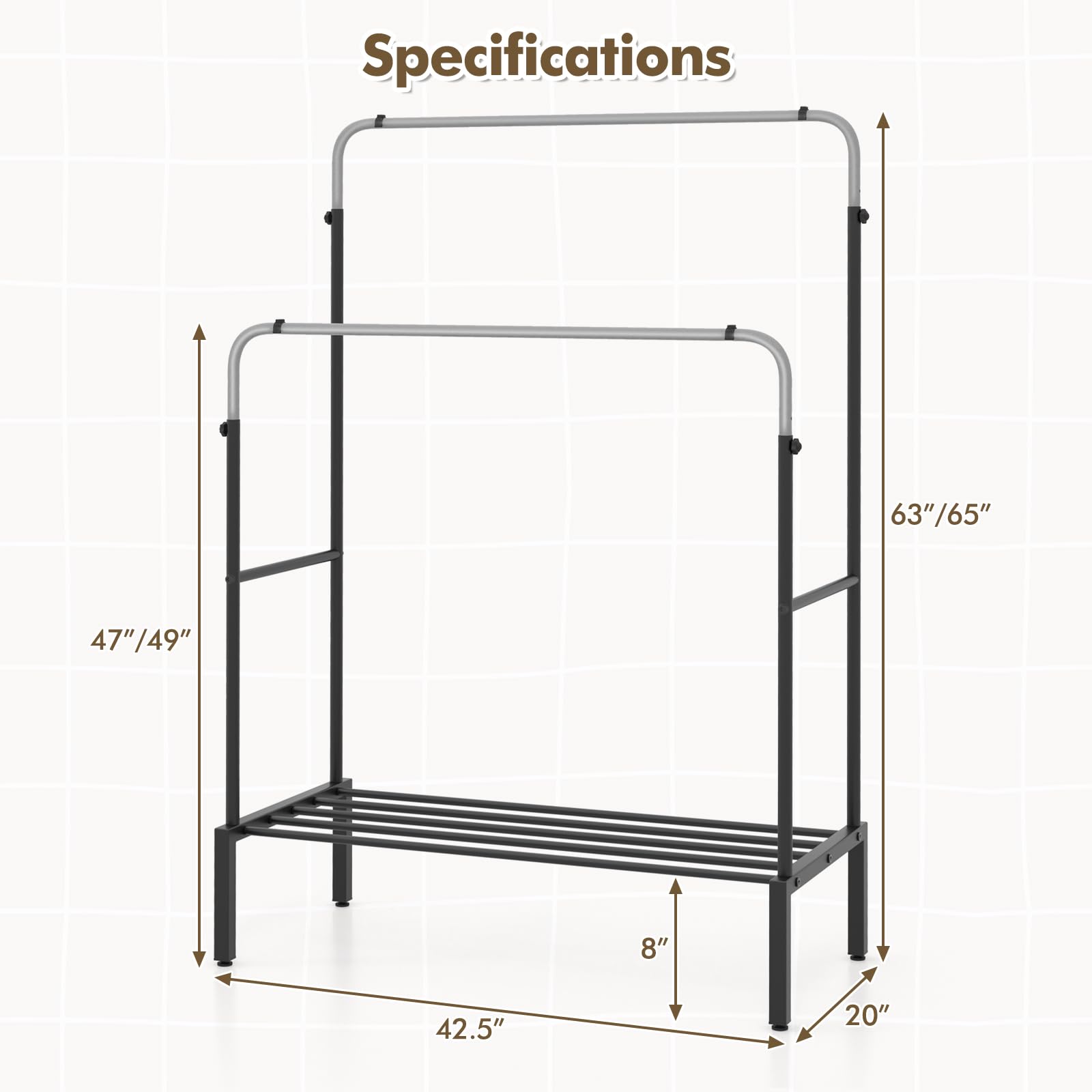 Giantex Double Rods Garment Rack, 2 Heights Adjustable Clothing Rack, Heavy Duty Metal Frame Hanging Clothes Rack