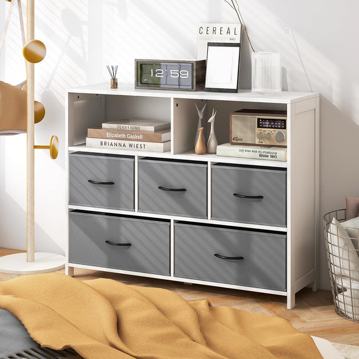 Giantex Storage Cabinet with 5 Drawers & 2 Cube Shelves, Chest of Drawers, Console Table, White & Grey