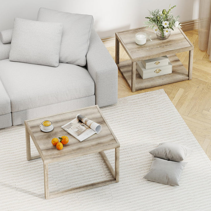 Giantex Nesting Coffee Tables Set of 2 with Storage Shelf Rubber Wood