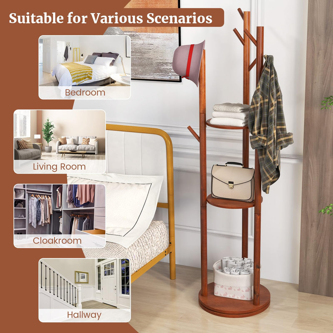 Giantex Coat Rack Freestanding, Wooden Rotary Coat Tree w/ 3 Display Storage Shelves & 9 Hooks
