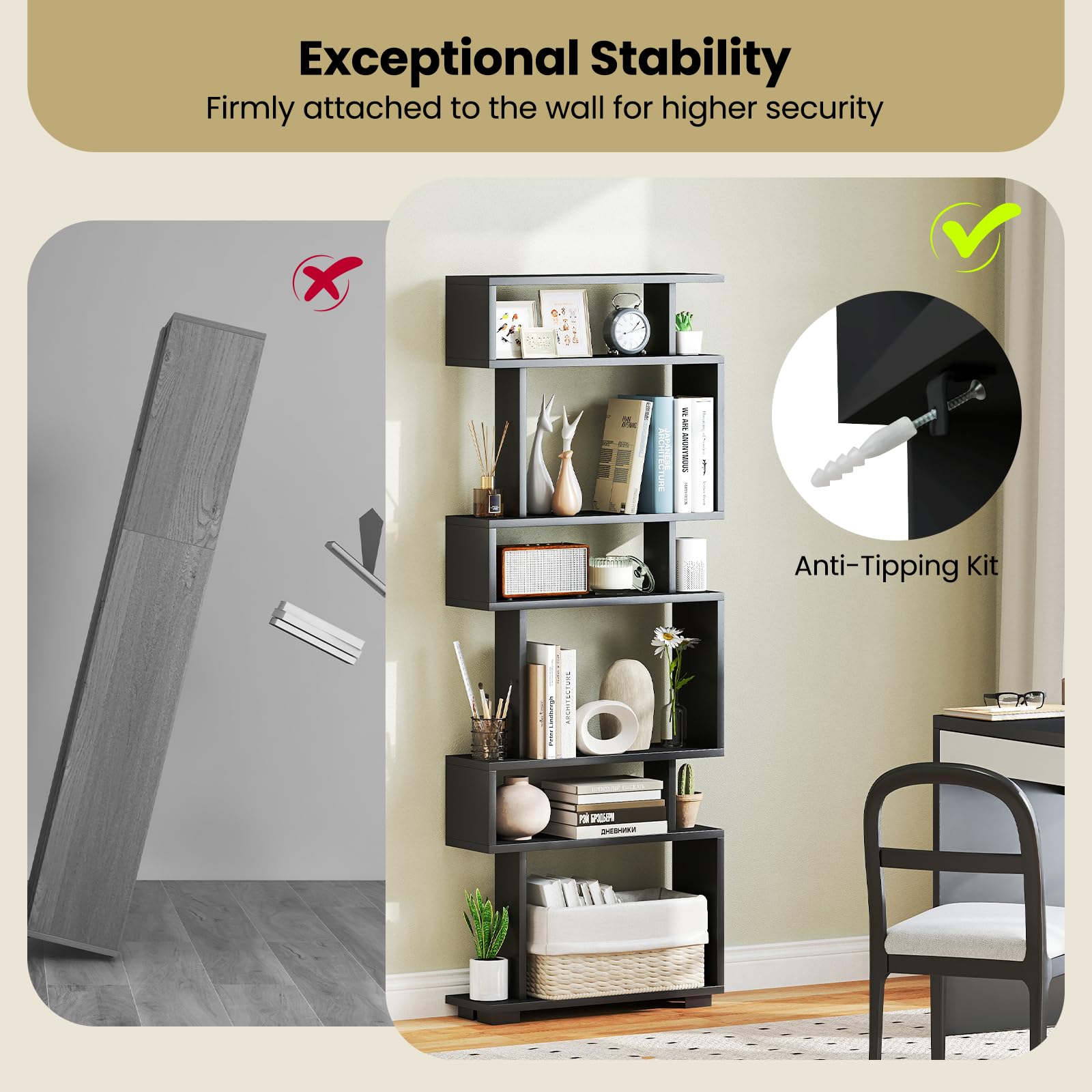 Giantex 6-Tier Geometric Bookcase Set of 1/2 64" Tall S-Shaped Bookshelf