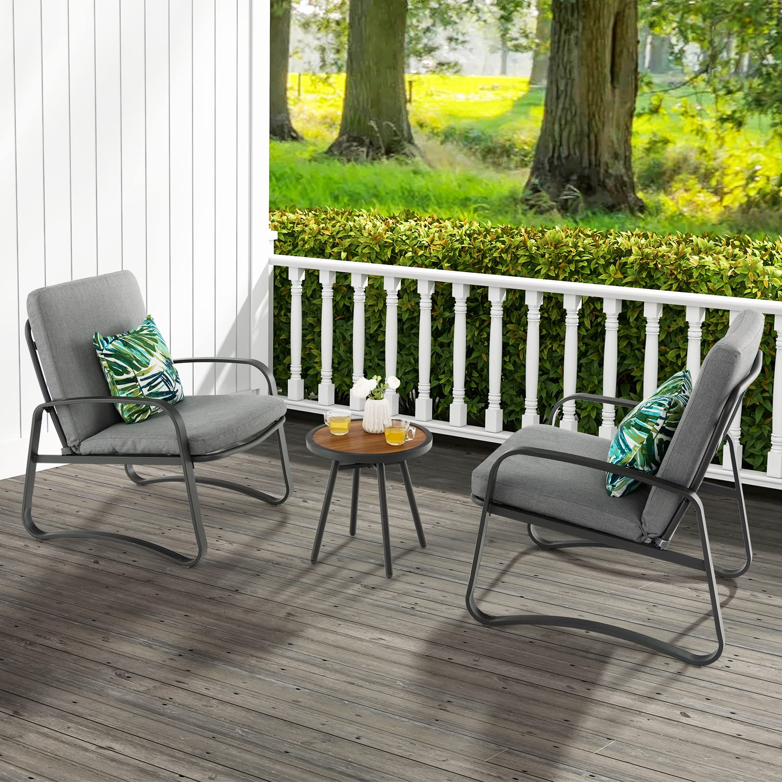 Giantex 3 Pcs Patio Bistro Set, Set of 2 Porch Chairs with Cushion & Lumbar Pillow (Gray)