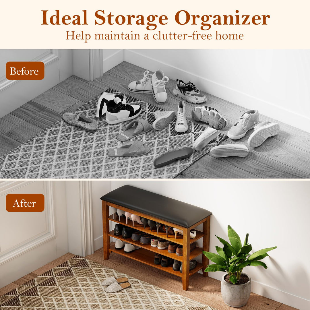Giantex 4-Tier Shoe Rack Bench | Rubber Wood Entryway Bench with Adjustable Shelves