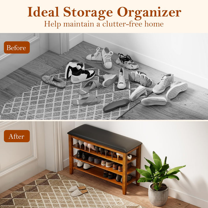 Giantex 4-Tier Shoe Rack Bench | Rubber Wood Entryway Bench with Adjustable Shelves