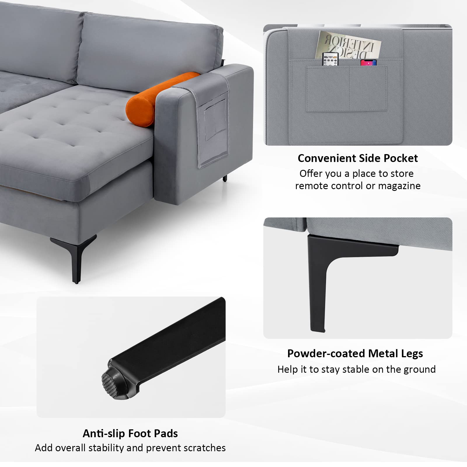 Giantex 97" Large Couch, 3 Seat Sectional Sofa Set, L-Shaped Modular Sleeper with Chaise Lounge & USB Port & Socket
