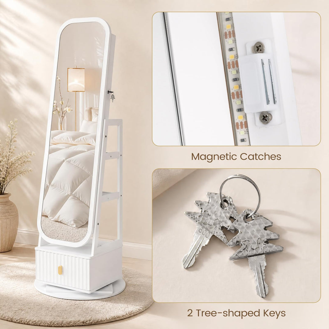 CHARMAID 360° Swivel Jewelry Cabinet with 3-Color LED Vanity Mirror