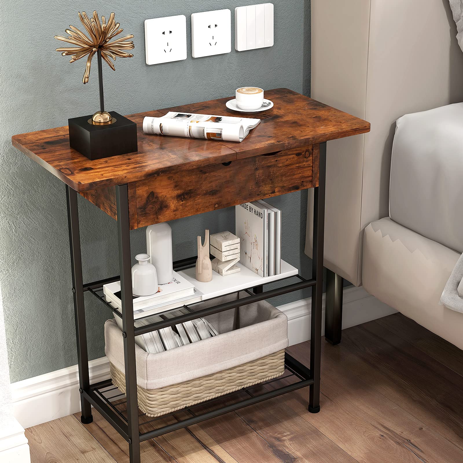 Giantex Side End Table for Small Space, Nightstand with Charging Station, 2 AC Outlets, 2 USB Ports & Adjustable Pads