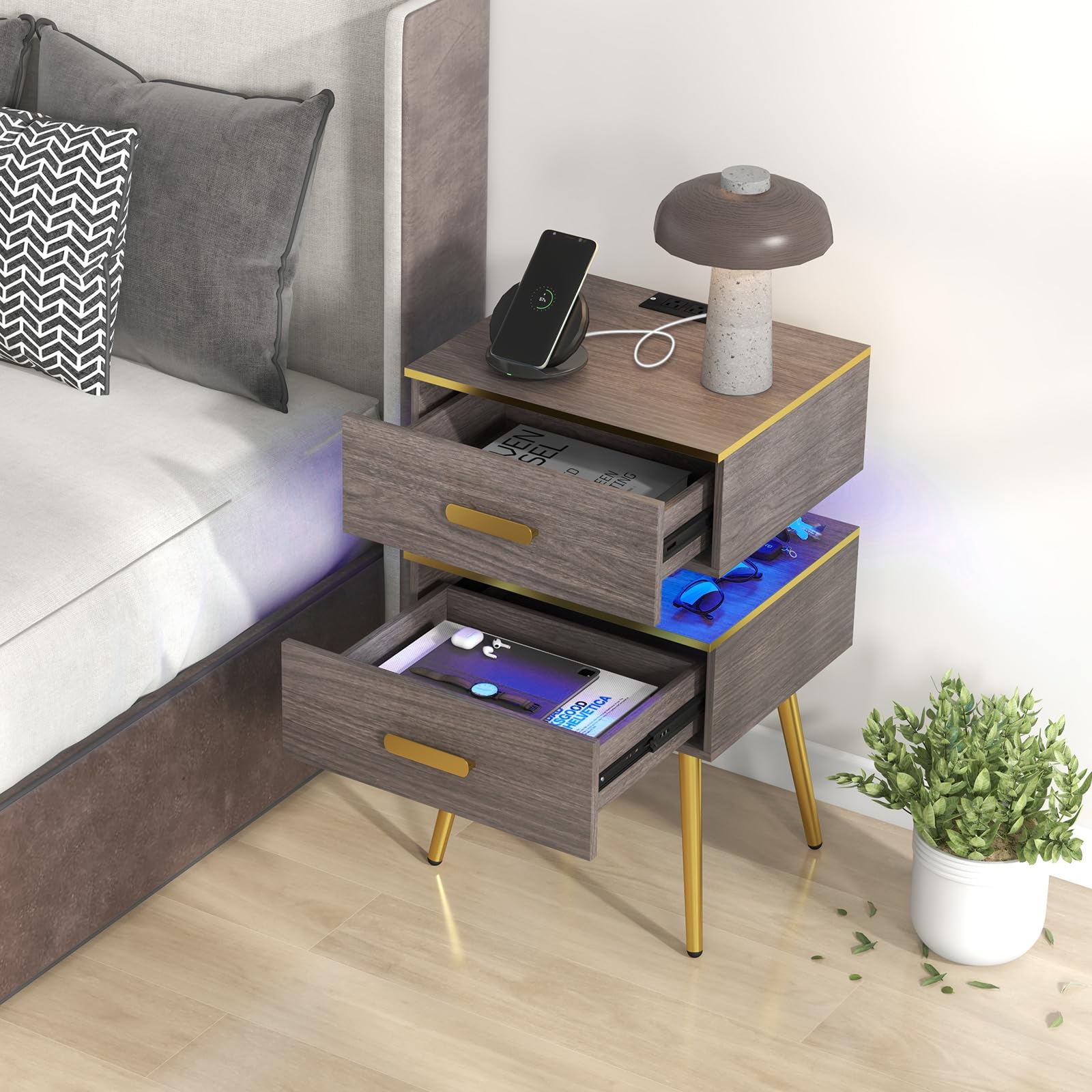 Giantex Nightstand with Charging Station & LED Lights, 28.5" Bedside Table with 2 Drawers