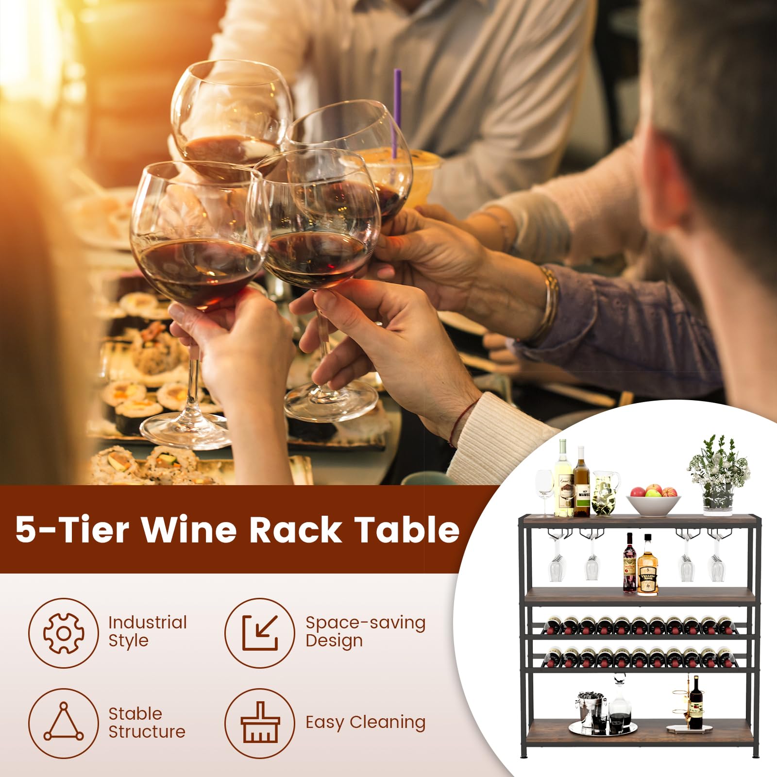 Giantex Wine Rack Table, Industrial Freestanding 22-Bottle Wooden Wine Bar Cabinet with 2 Wine Racks