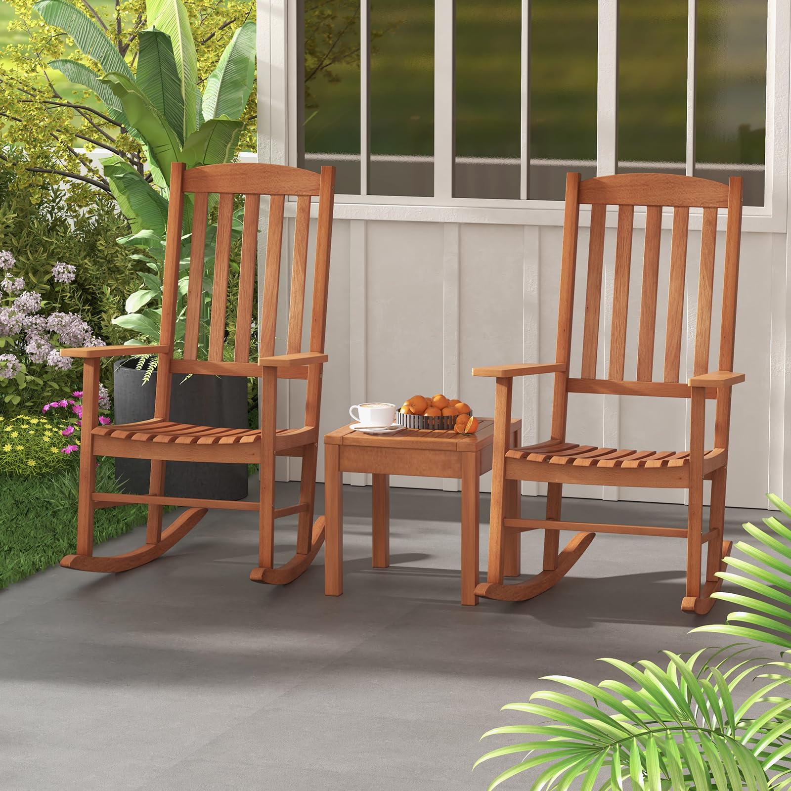 Giantex Wood Outdoor Rocking Chair - Eucalyptus Rocker Chair with Stable & Safe Rocking Base
