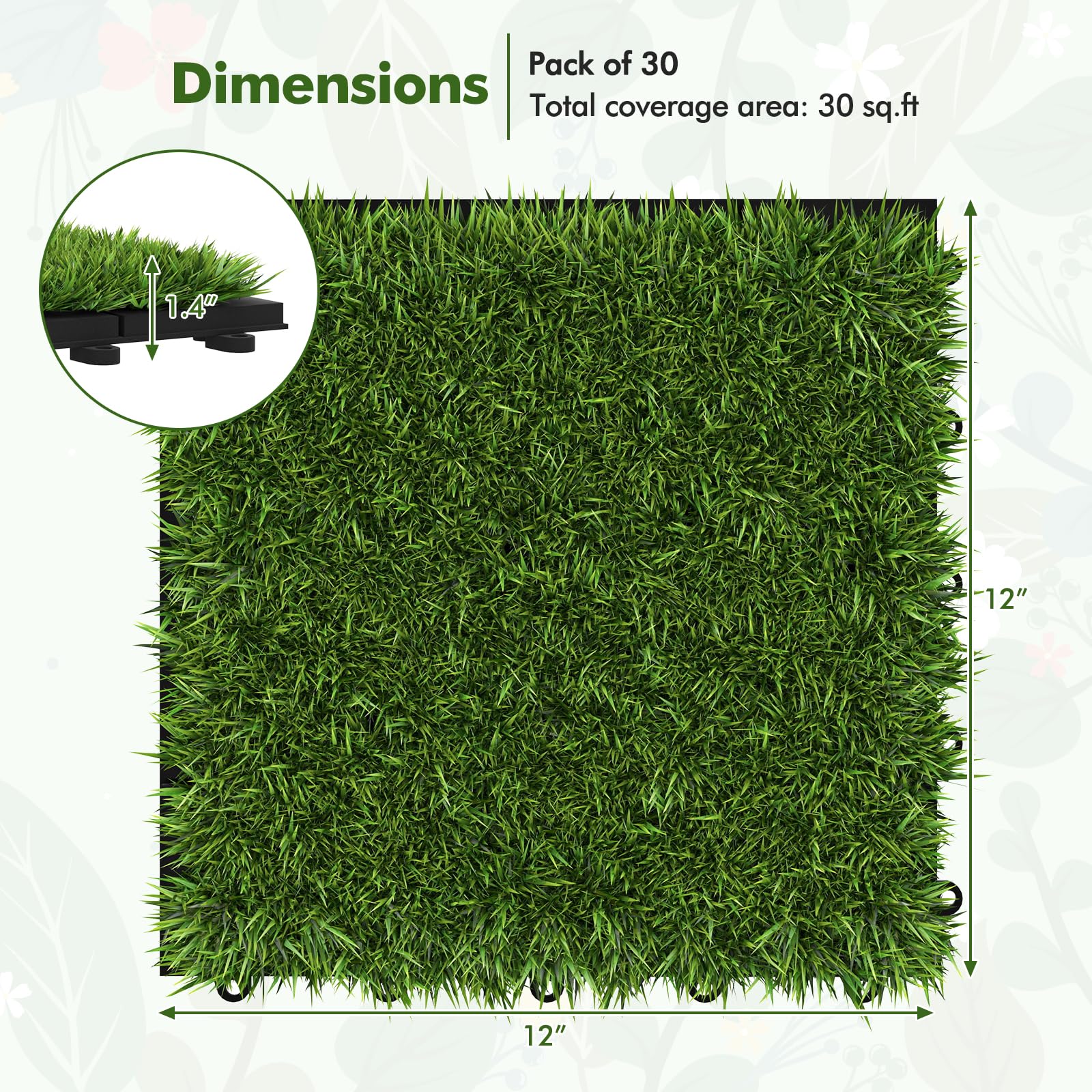 Giantex 30 Pack Interlocking Artificial Grass Tiles(12" x 12")