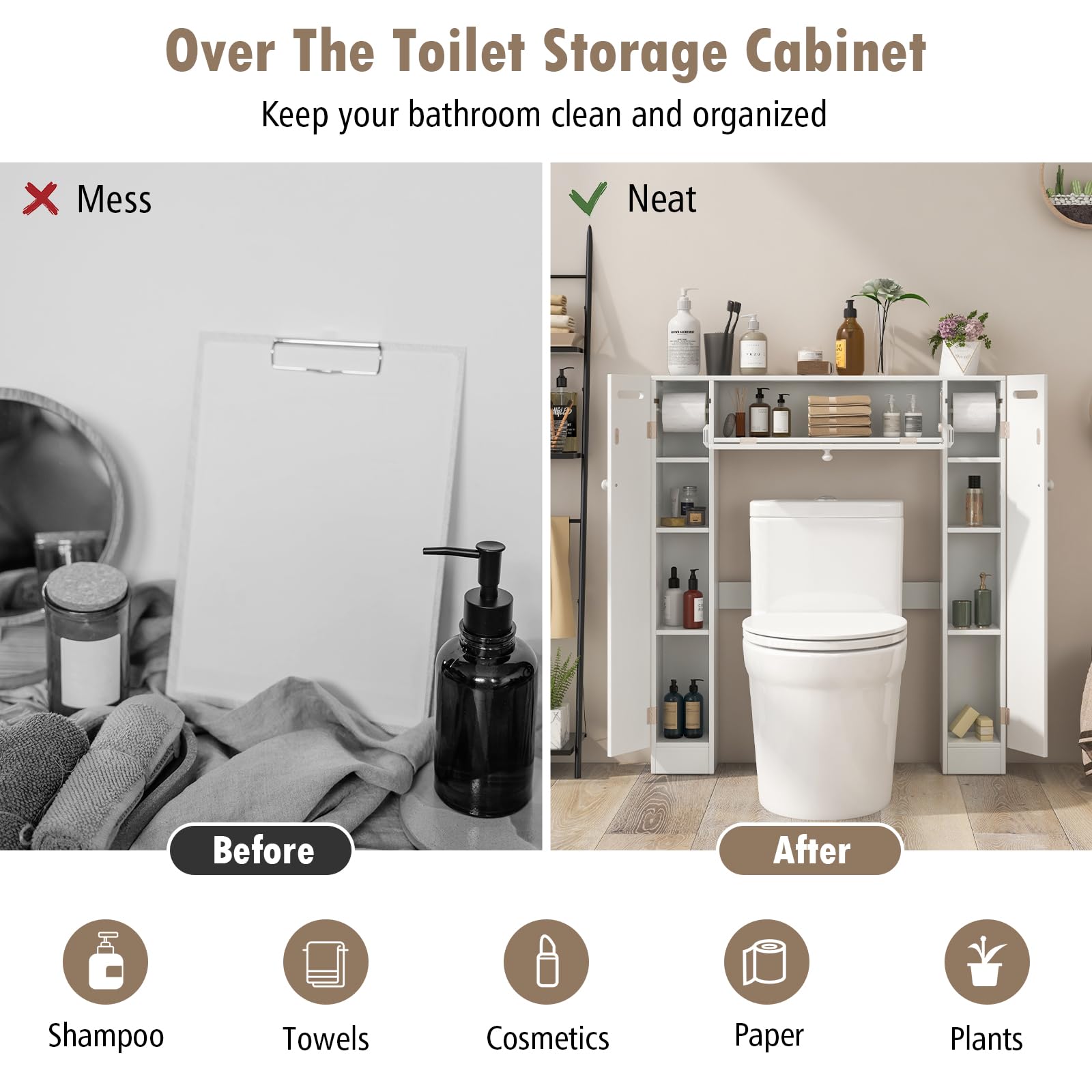 Over-The-Toilet Rack Bathroom Shelf Storage Cabinet Wooden Drop Door Freestanding Spacesaver Improvements, White