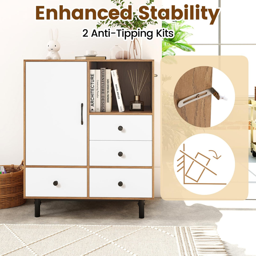 Giantex Storage Cabinet with 4 Drawers Door & Open Compartment, Metal Support Legs