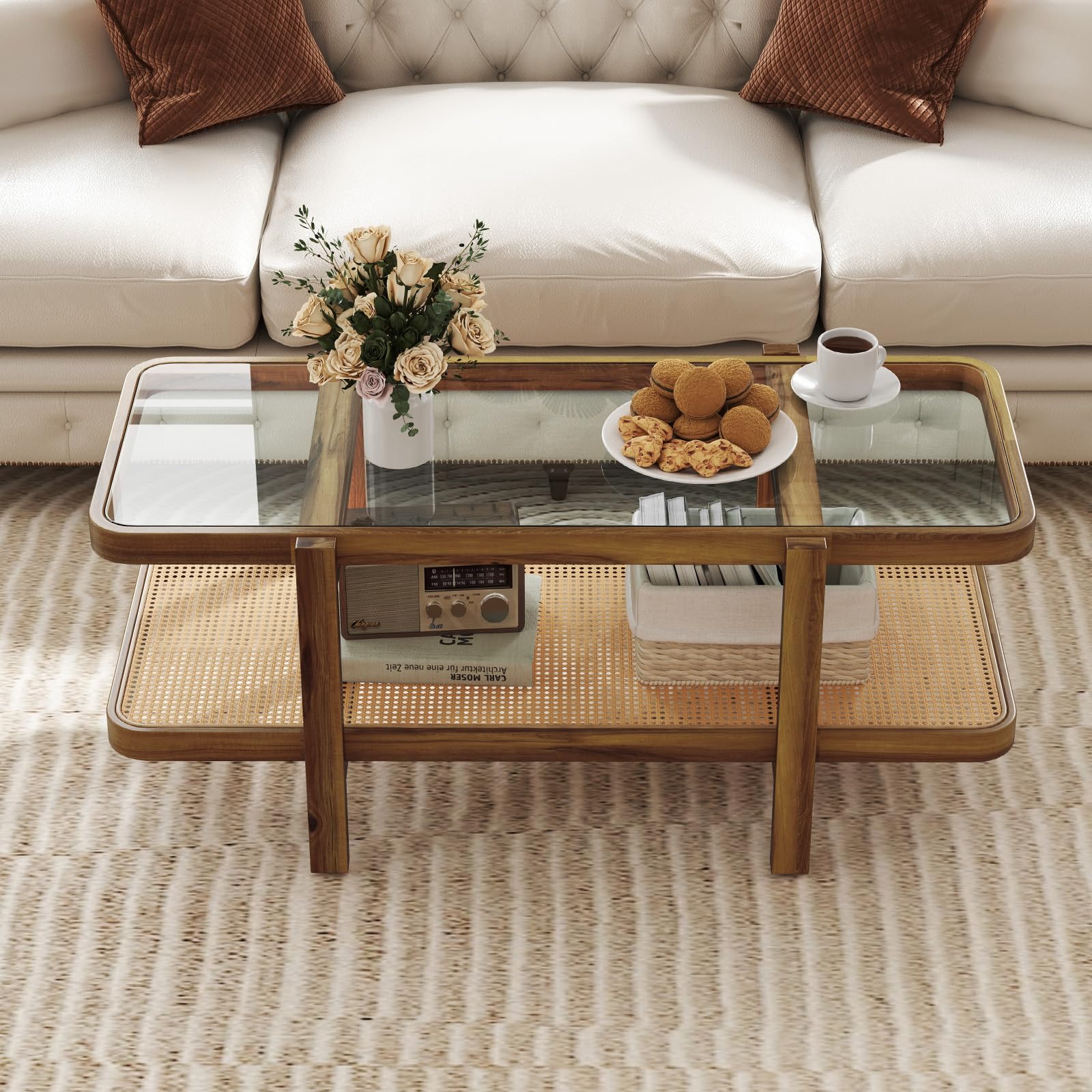 Giantex Rattan Coffee Table, 47.5" Rectangle Solid Wood Tea Table w/Tempered Glass Tabletop
