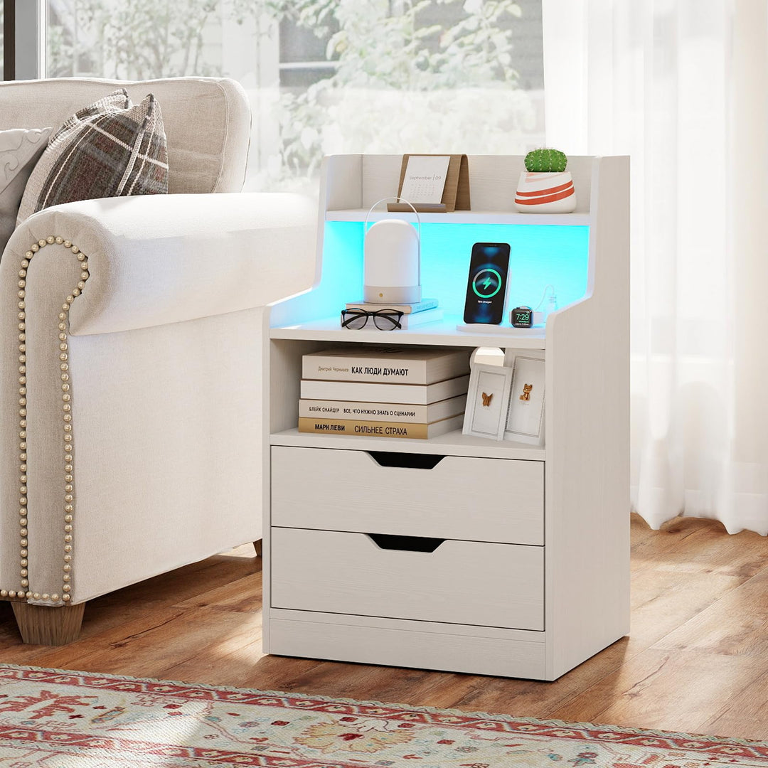 Giantex Nightstand with LED Light and Charging Station for Living Room Bedroom