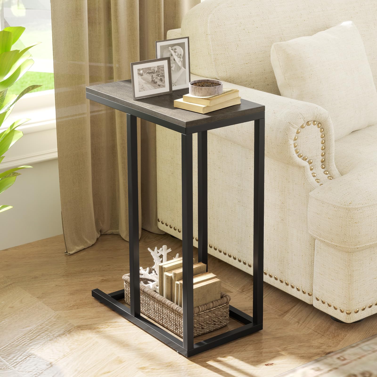 Giantex C Shaped End Table, Small Side Table for Sofa, Couch Table That Slide Under with Metal Frame