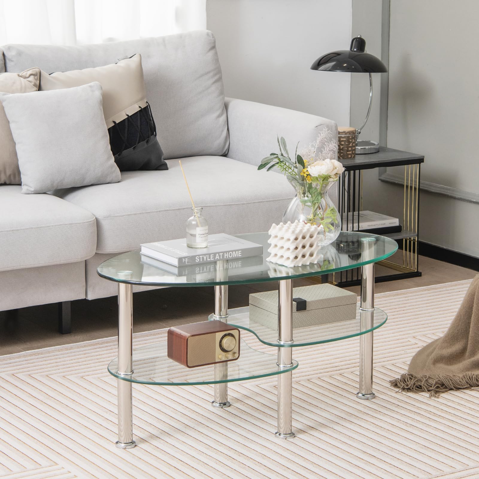 Giantex Oval Glass Coffee Table - 3-Tier Transparent Tempered Glass Center Table with Metal Stand, 35"× 20" ×18"