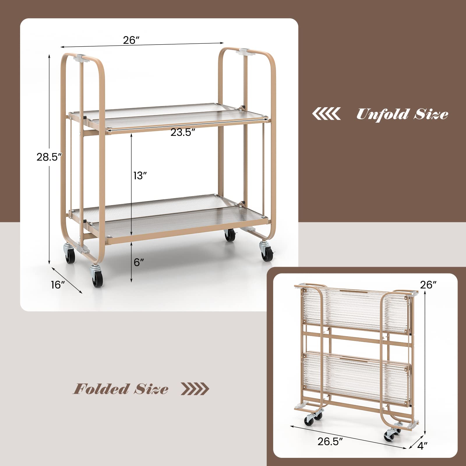 Giantex 2-Tier Mobile Serving Cart, Foldable Storage Cart on Wheels, Tempered Glass Shelf (Rose Gold)