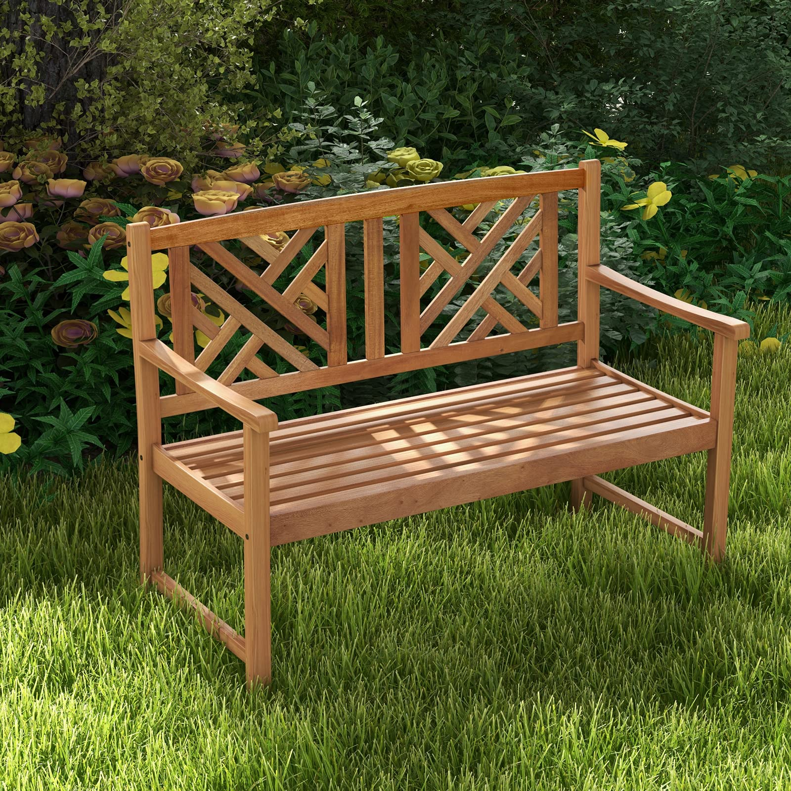 Giantex Outdoor Wooden Garden Bench - 2-Person Acacia Wood Bench, Front Porch Bench (Non-Foldable)