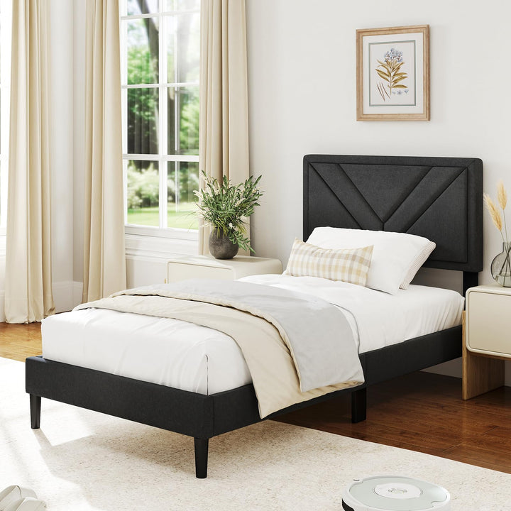 Upholstered Platform Bed Frame with Diagonal Channel Tufted Headboard