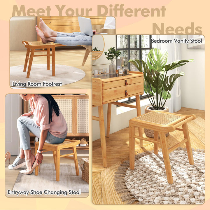 CHARMAID Vanity Stool, Bamboo Ottoman Foot Rest with Rattan Seat, Anti-Slip Foot Pads