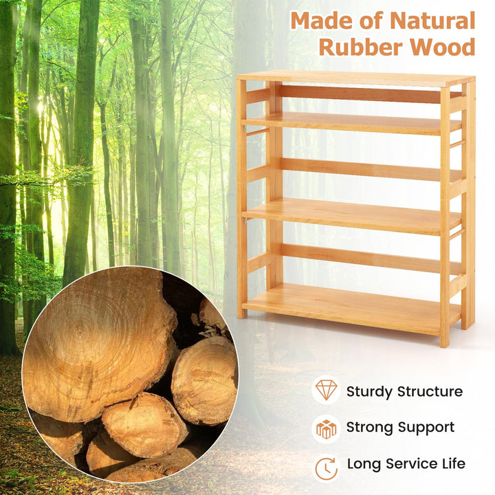 Giantex 4-Tier Bookshelf, 34.5" Floor Storage Shelf w/Rubber Wood Frame, Anti-Toppling Kits, Side Fences