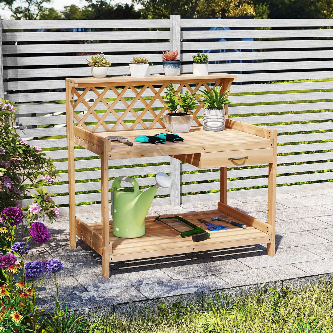 Giantex Wood Potting Table with 3 Tier Shelves