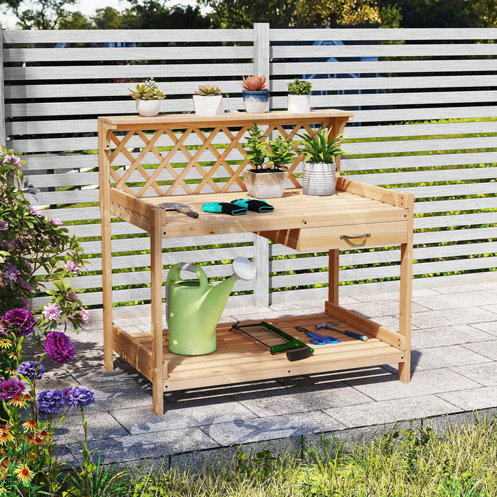Giantex Wood Potting Table with 3 Tier Shelves