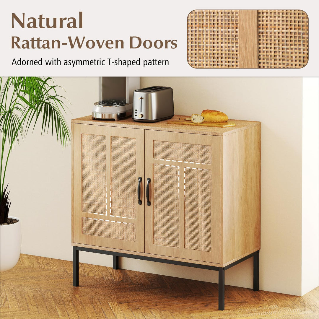 Giantex Sideboard Cabinet Boho Rattan Buffet Cabinet with Storage Adjustable Shelves 2 Doors