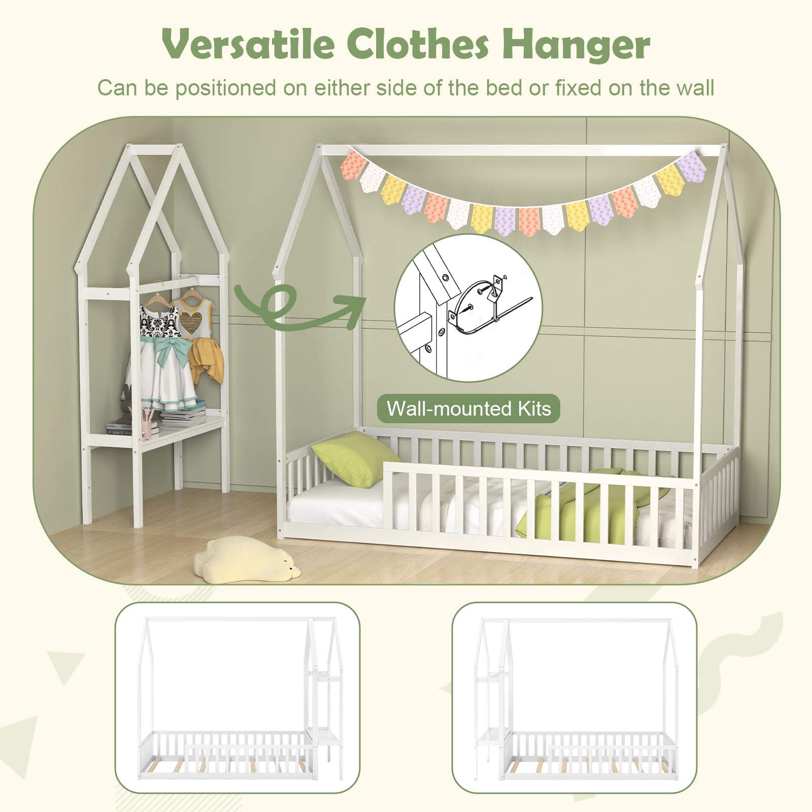 Giantex Twin House Floor Bed, Solid Wood Montessori Floor Bed with Detachable Storage Shelf & Clothes Hanger