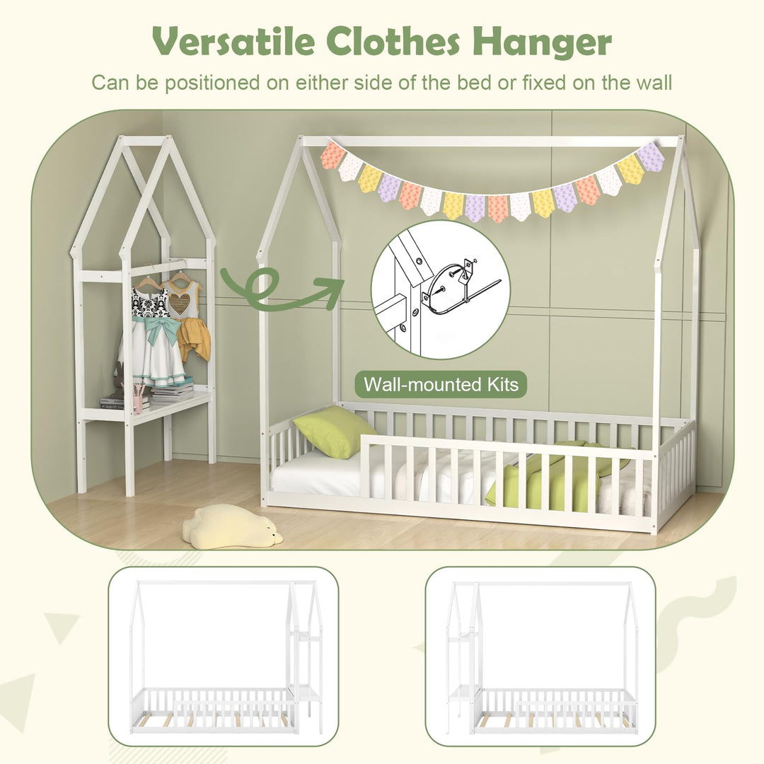 Giantex Twin House Floor Bed, Solid Wood Montessori Floor Bed with Detachable Storage Shelf & Clothes Hanger