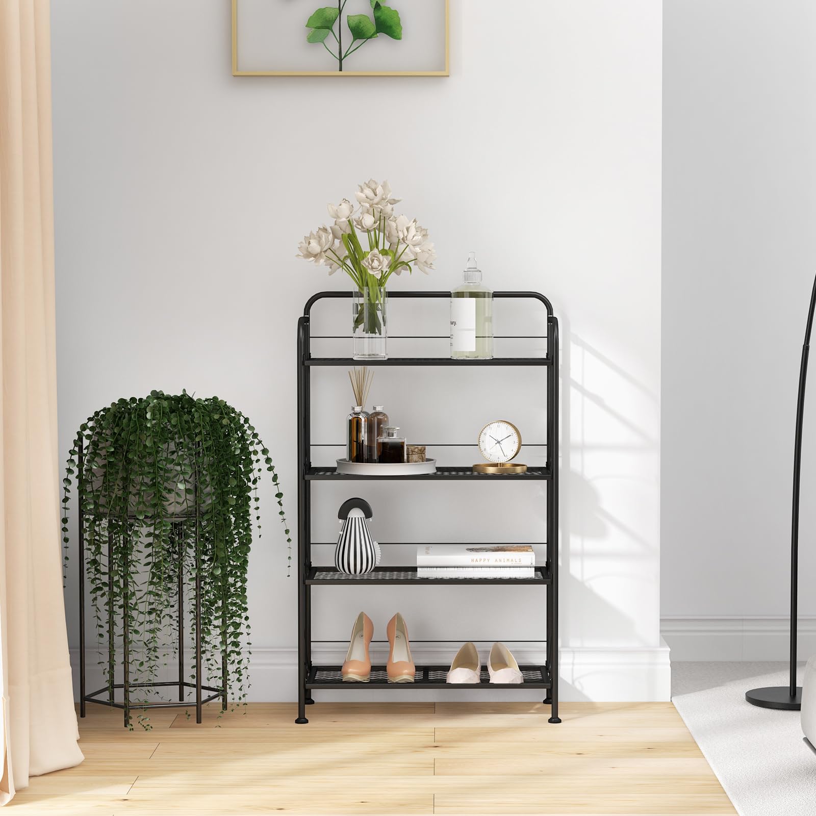 Giantex Folding Plant Stand, 4-Tires Collapsible Plant Rack with Adjustable Shelf, Black