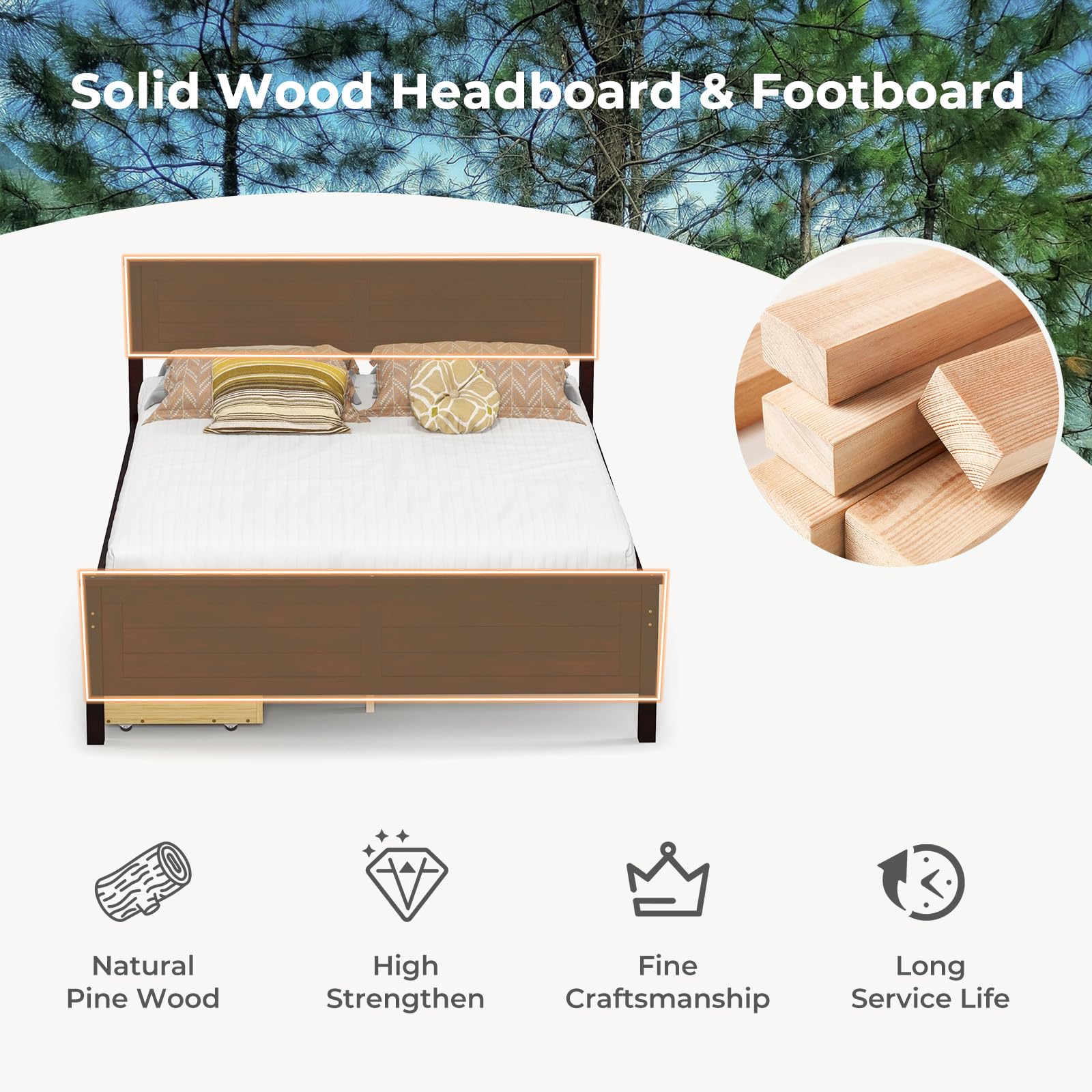 Giantex Wood Full Size Bed Frame with 2 Storage Drawers, Solid Wood Platform Bed with Headboard