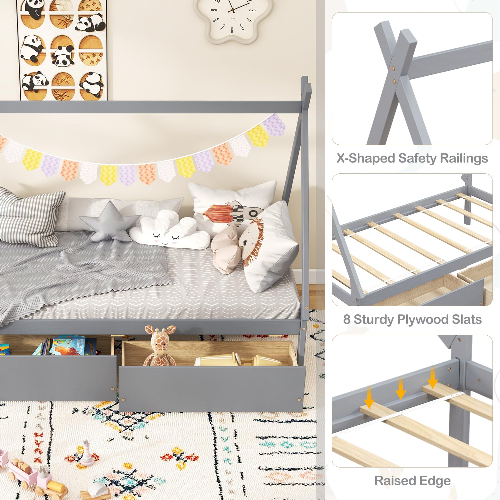 Giantex Twin Bed Frame with 2 Storage Drawers, Wood House Tent Platform Bed Frame with Triangle Structure